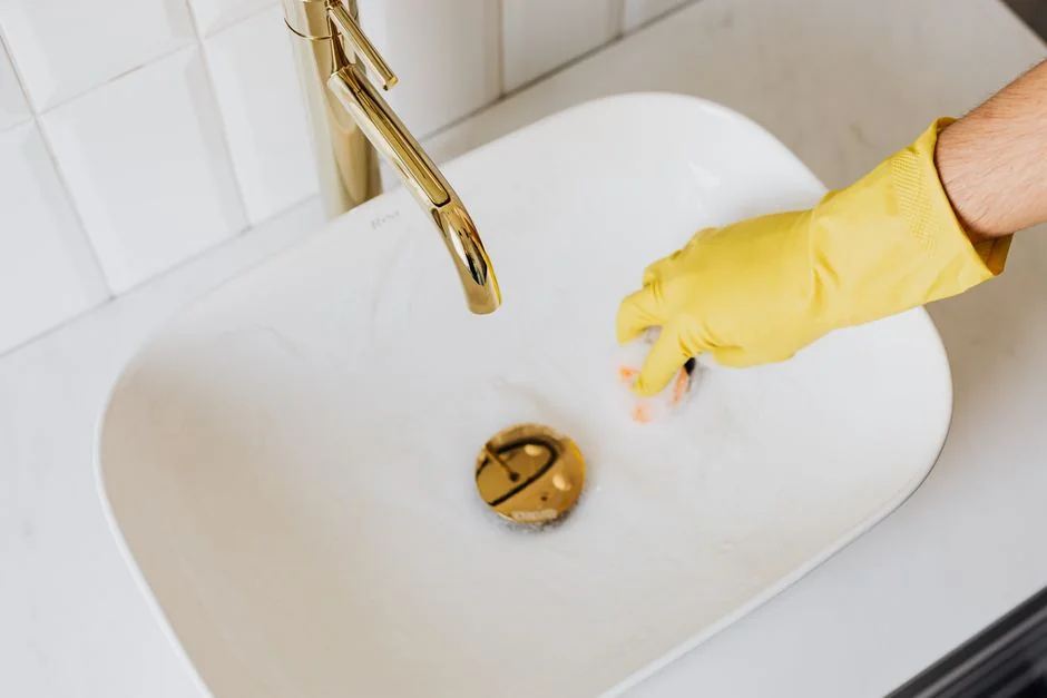 Gros plan d’une main nettoyant une fenêtre à l’extérieur avec une raclette, en portant des gants jaunes.